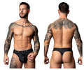 Black male power thong with silver button closures designed for easy snap off and on use