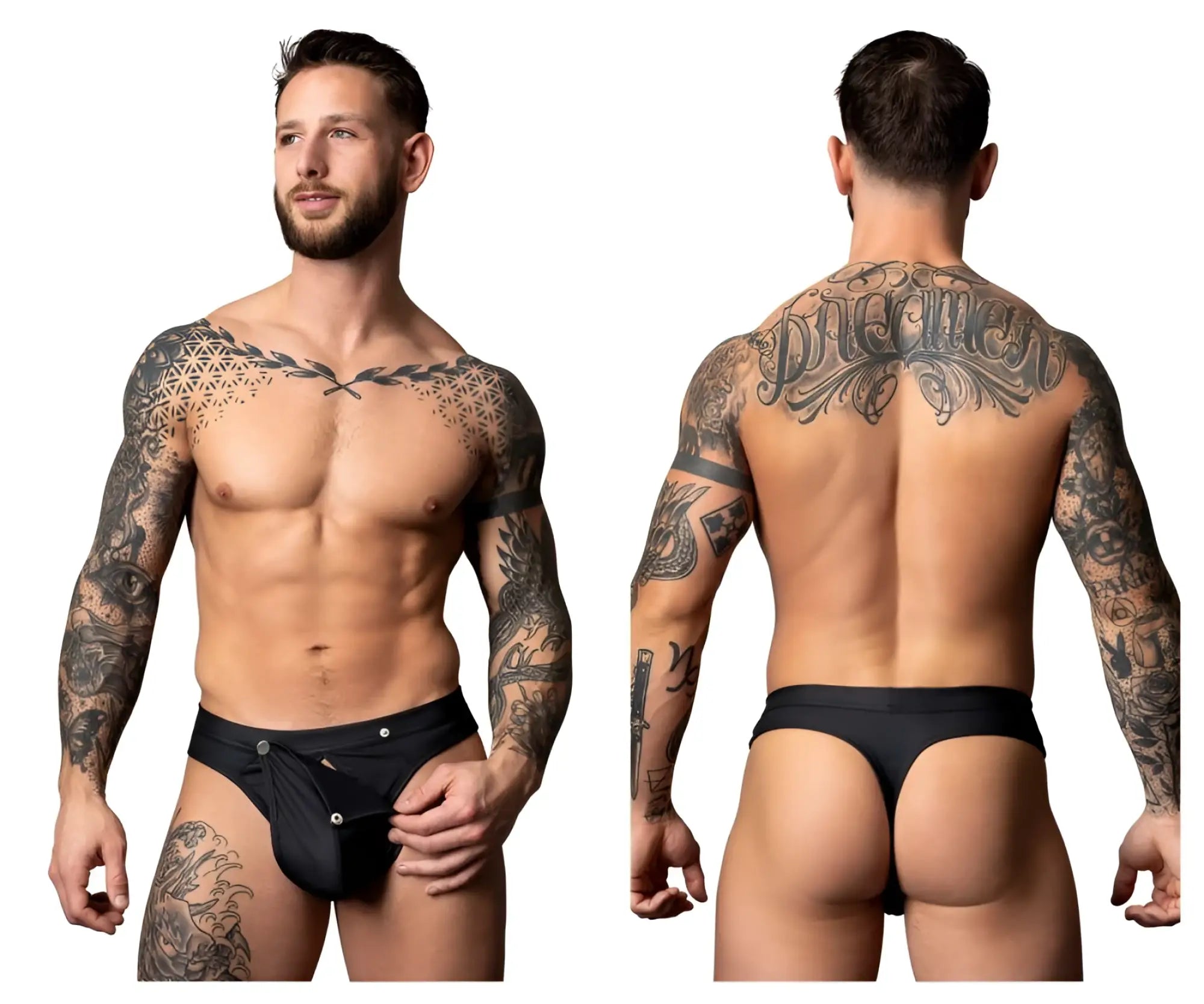 Black male power thong with silver button closures designed for easy snap off and on use