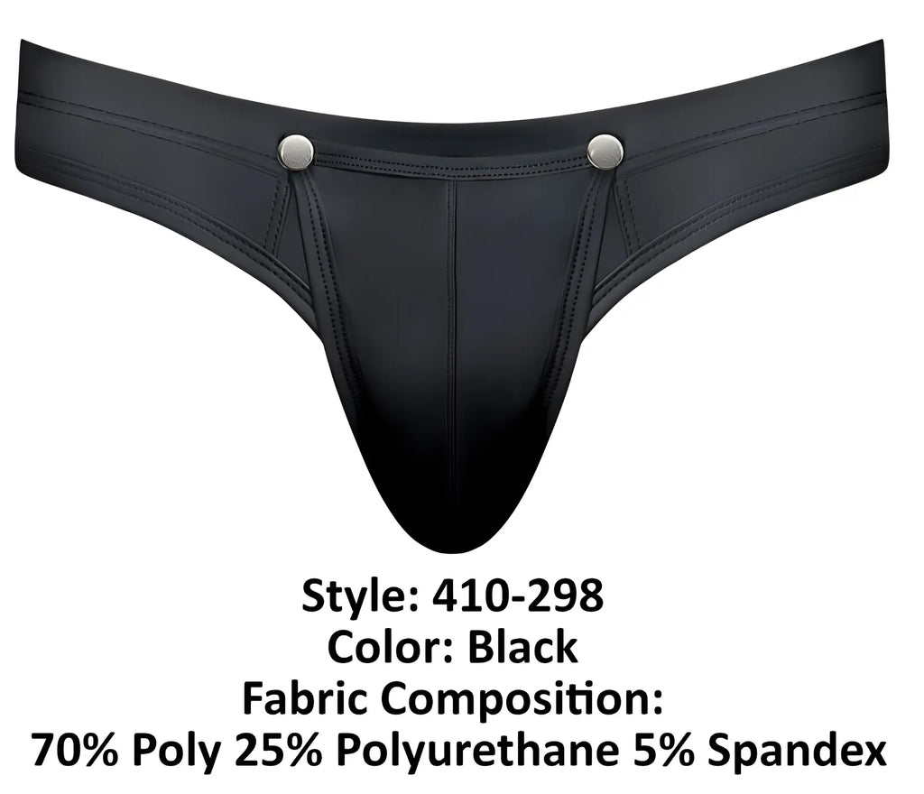 Male power 410-298 oh snap snap off thong in black with sleek glossy finish and silver-toned snap buttons at waistband