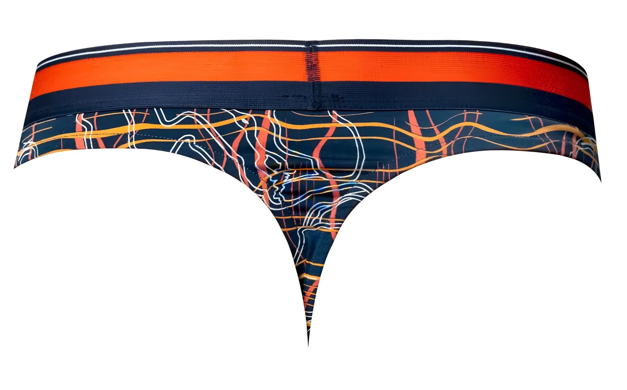 Male power 412-299 soo cumfy thong in navy blue with bold orange waistband and abstract white yellow red line pattern