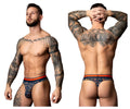 Navy blue and orange patterned men’s briefs with intricate geometric and tribal designs by male power