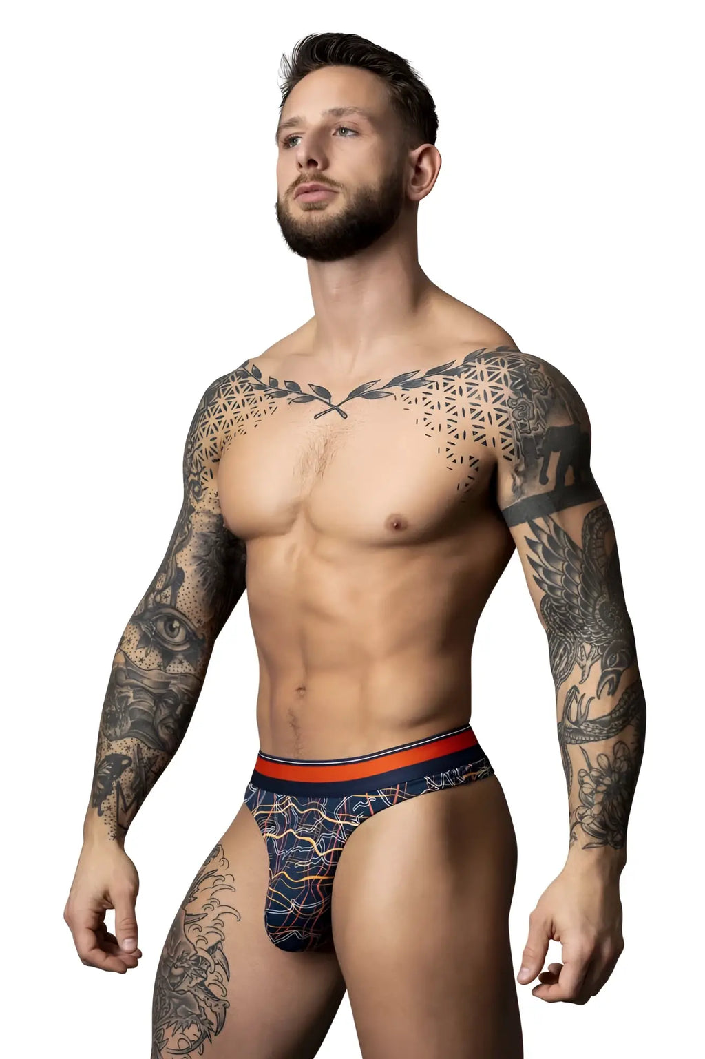 Male power 412-299 soo cumfy thong in navy orange with blue patterned briefs and contrasting trim for comfort