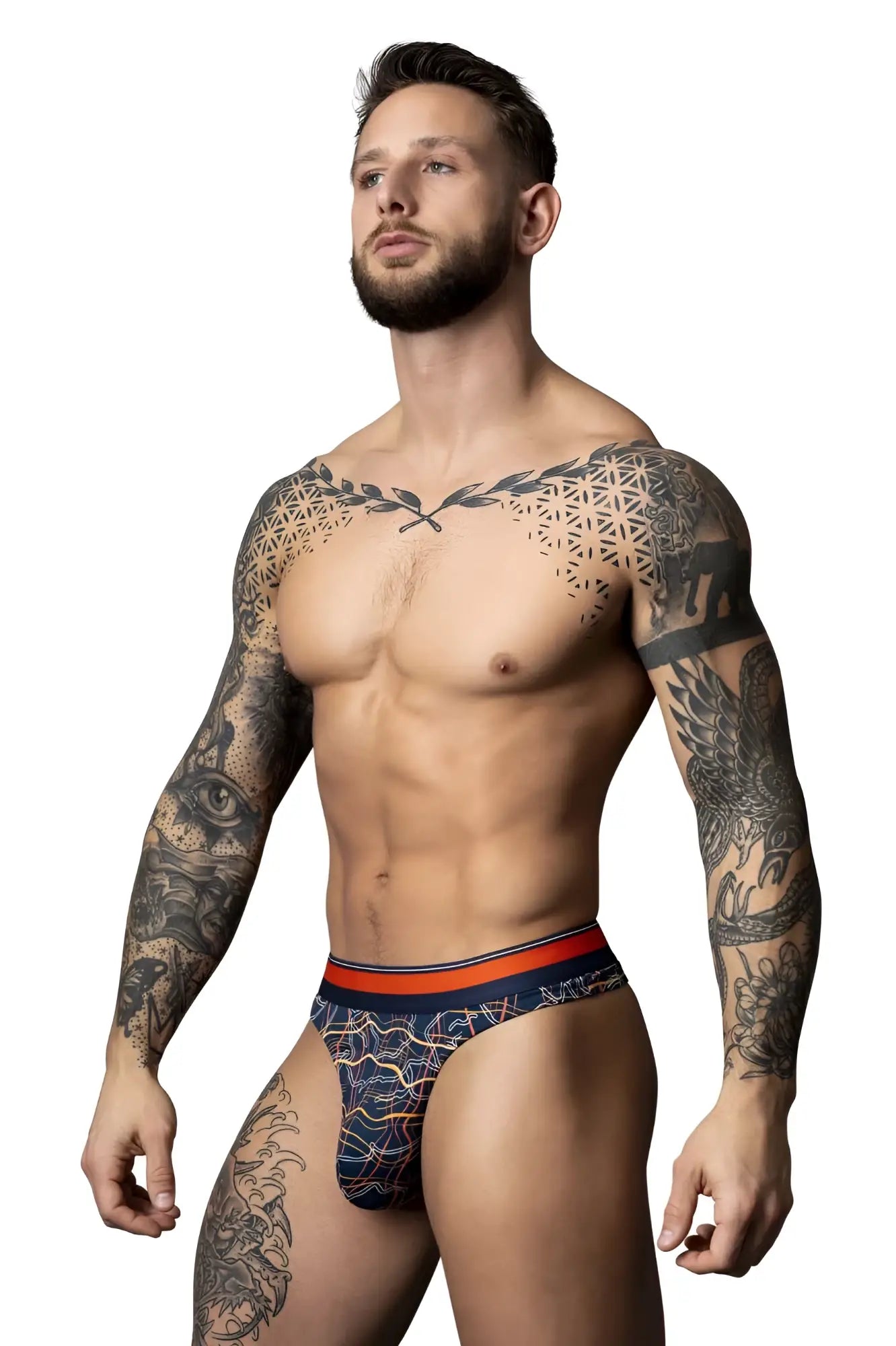 Male power 412-299 soo cumfy thong in navy orange with blue patterned briefs and contrasting trim for comfort