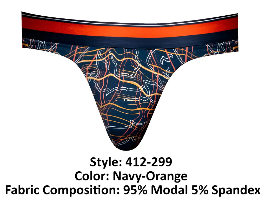 Male power 412-299 soo cumfy thong navy-orange with bold abstract orange and white line pattern on dark blue base