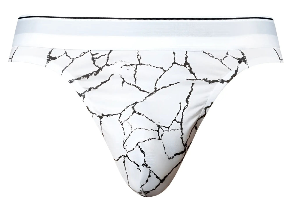 White male power 412-299 soo cumfy briefs with black cracked marble pattern and solid white waistband
