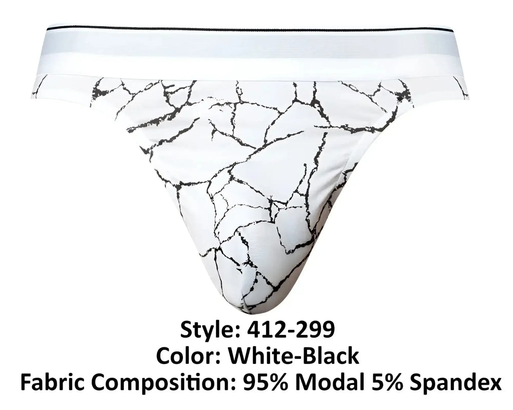 White and black crackled marble-patterned Male Power 412-299 Soo Cumfy thong briefs made from 95% modal and 5% spandex