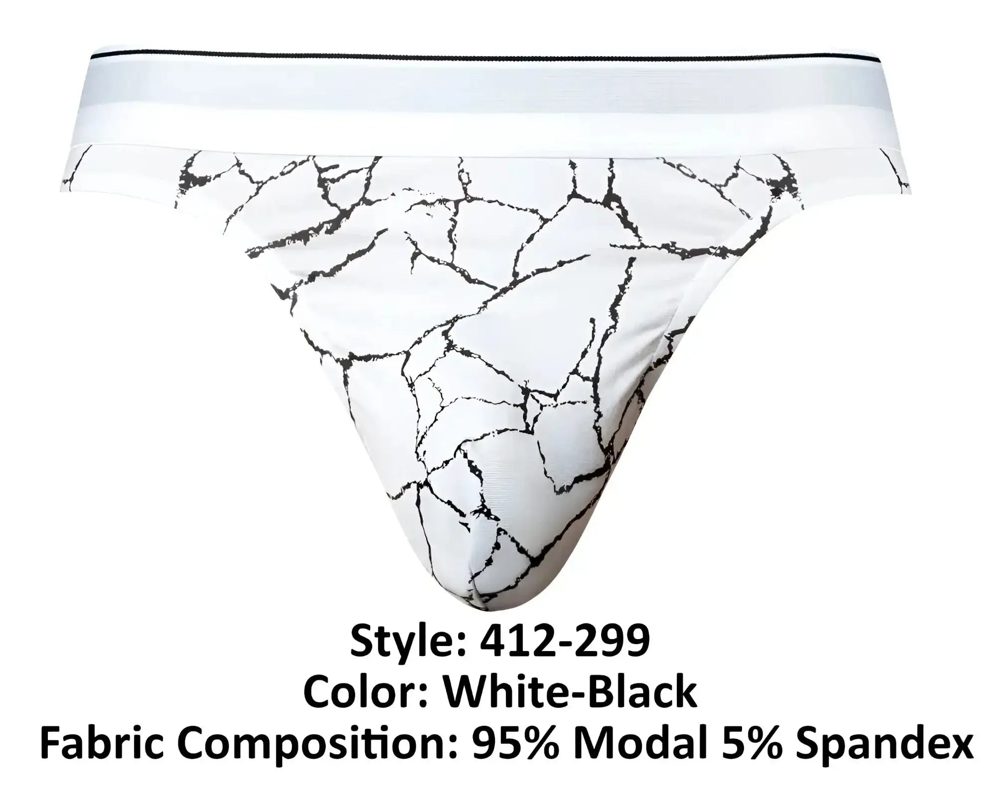 White and black crackled marble-patterned Male Power 412-299 Soo Cumfy thong briefs made from 95% modal and 5% spandex