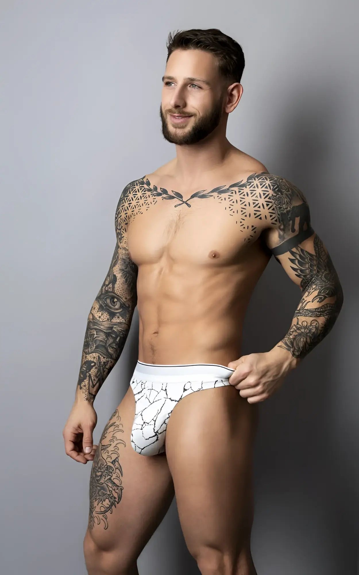 White male power 412-299 soo cumfy thong briefs with black crackle pattern designed for comfort and style