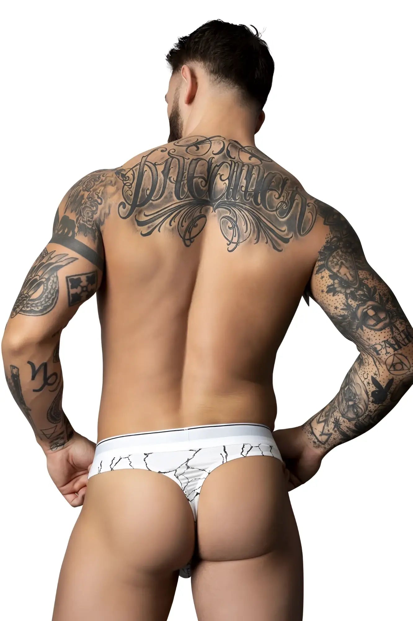 White-black male power 412-299 soo cumfy thong with black crackle pattern design on white briefs front side view
