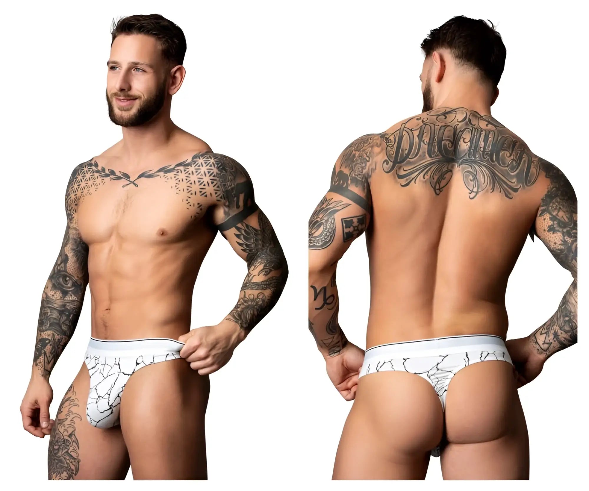 White-black male power 412-299 soo cumfy thong white briefs with black crackle pattern front view