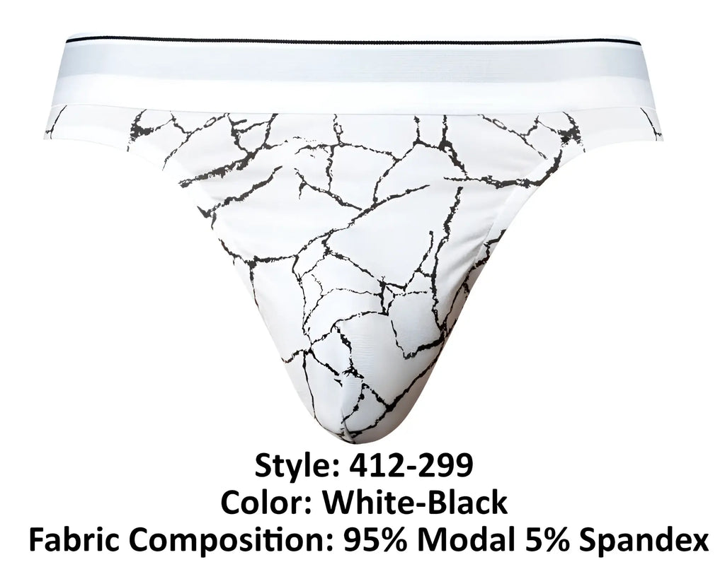 White and black crackled marble-patterned Male Power 412-299 Soo Cumfy thong briefs made from 95% modal and 5% spandex
