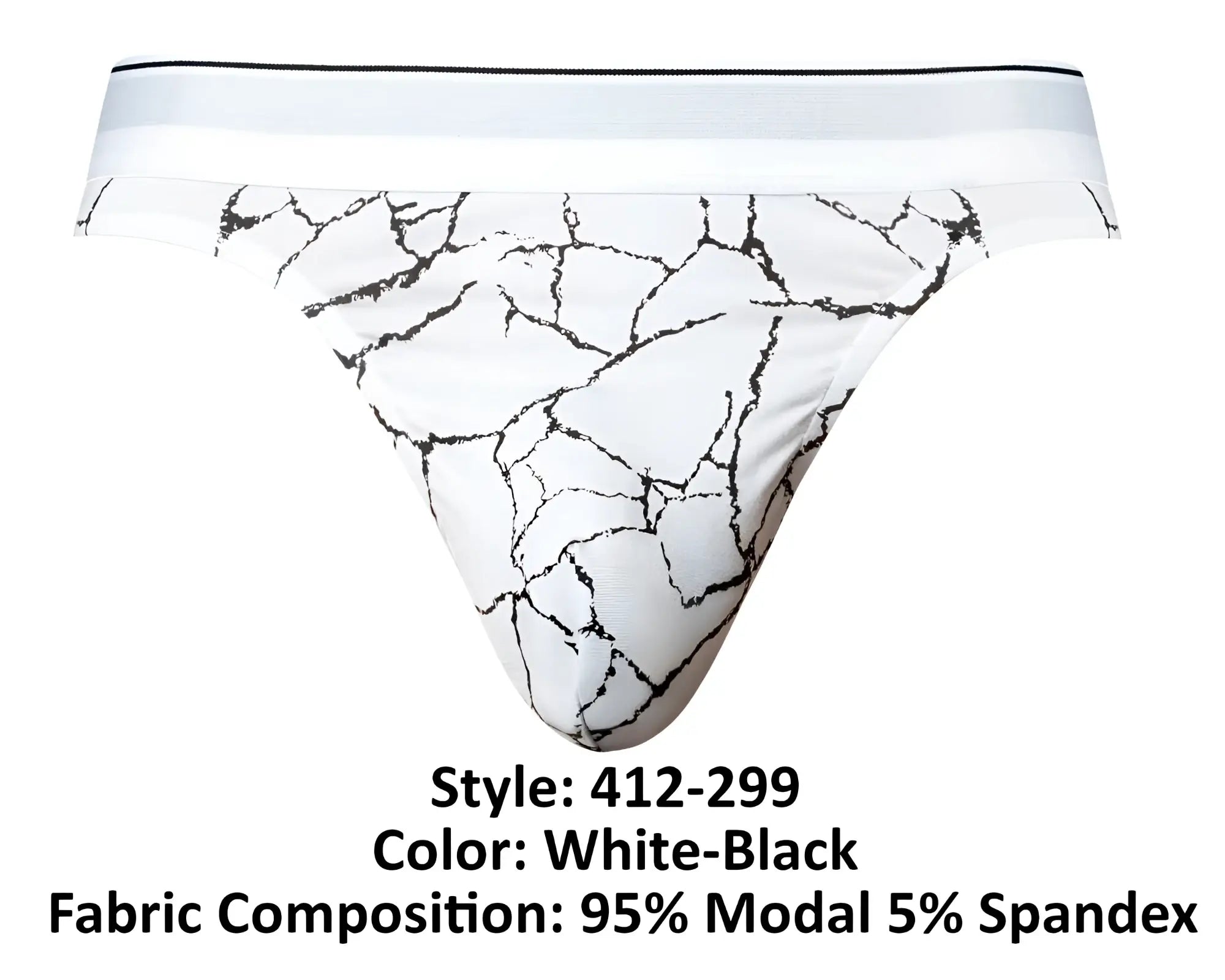 White and black crackled marble-patterned Male Power 412-299 Soo Cumfy thong briefs made from 95% modal and 5% spandex