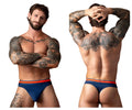 Navy blue male power soo cumfy briefs with bold orange waistband designed for all-day comfort and support