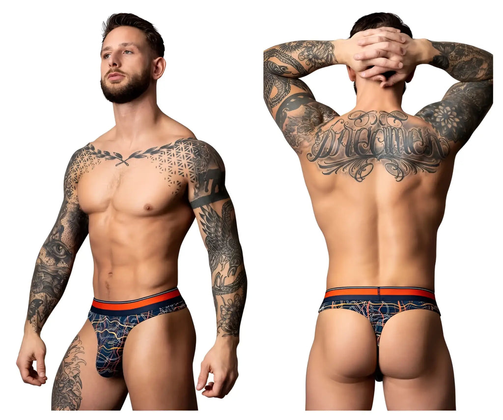 Men’s navy blue and orange patterned briefs with intricate geometric and tribal designs by male power