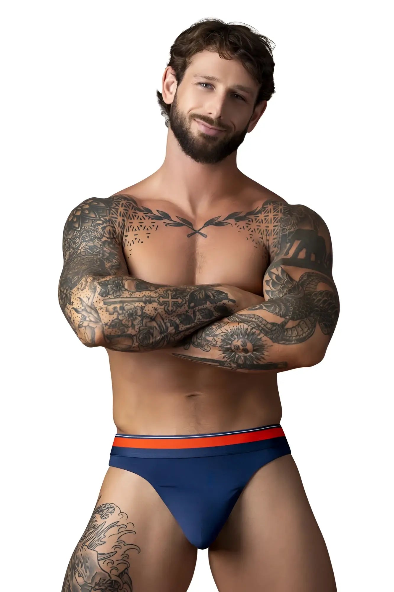 Male power 412-299 soo cumfy thong in navy blue with red and white striped waistband for comfortable wear