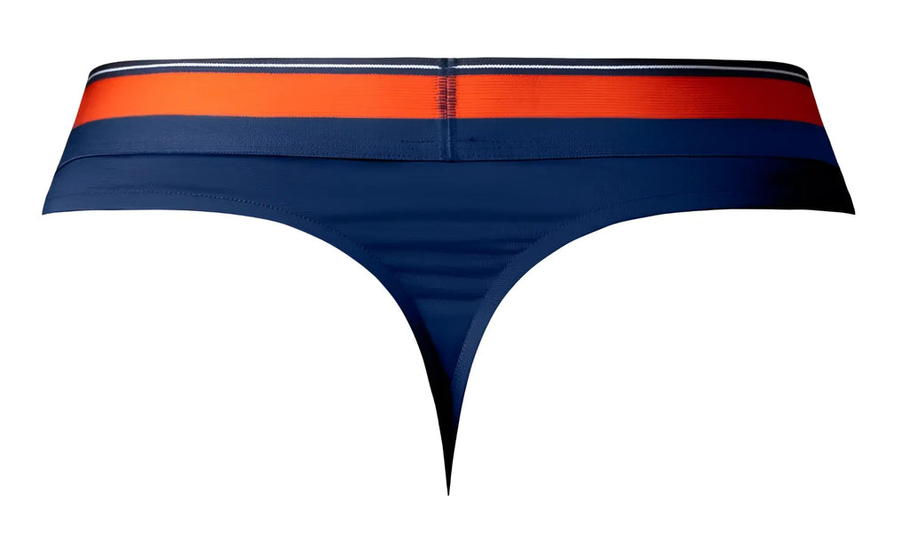 Navy blue male power soo cumfy thong with bold orange and white striped waistband showing front side