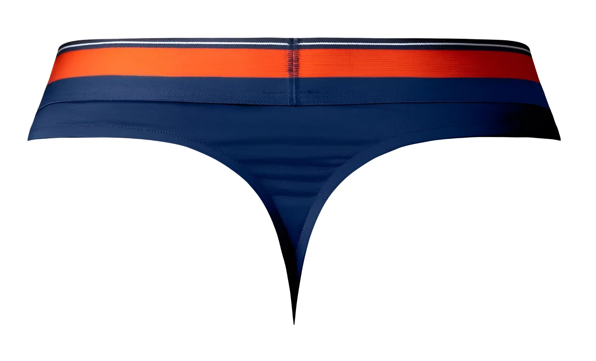 Navy blue male power soo cumfy thong with bold orange and white striped waistband showing front side