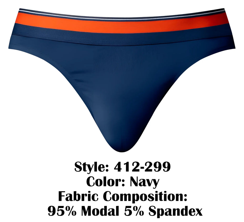 Navy blue thong with bold orange and white striped waistband made of 95% modal 5% spandex from male power 412-299 soo cumfy thongs