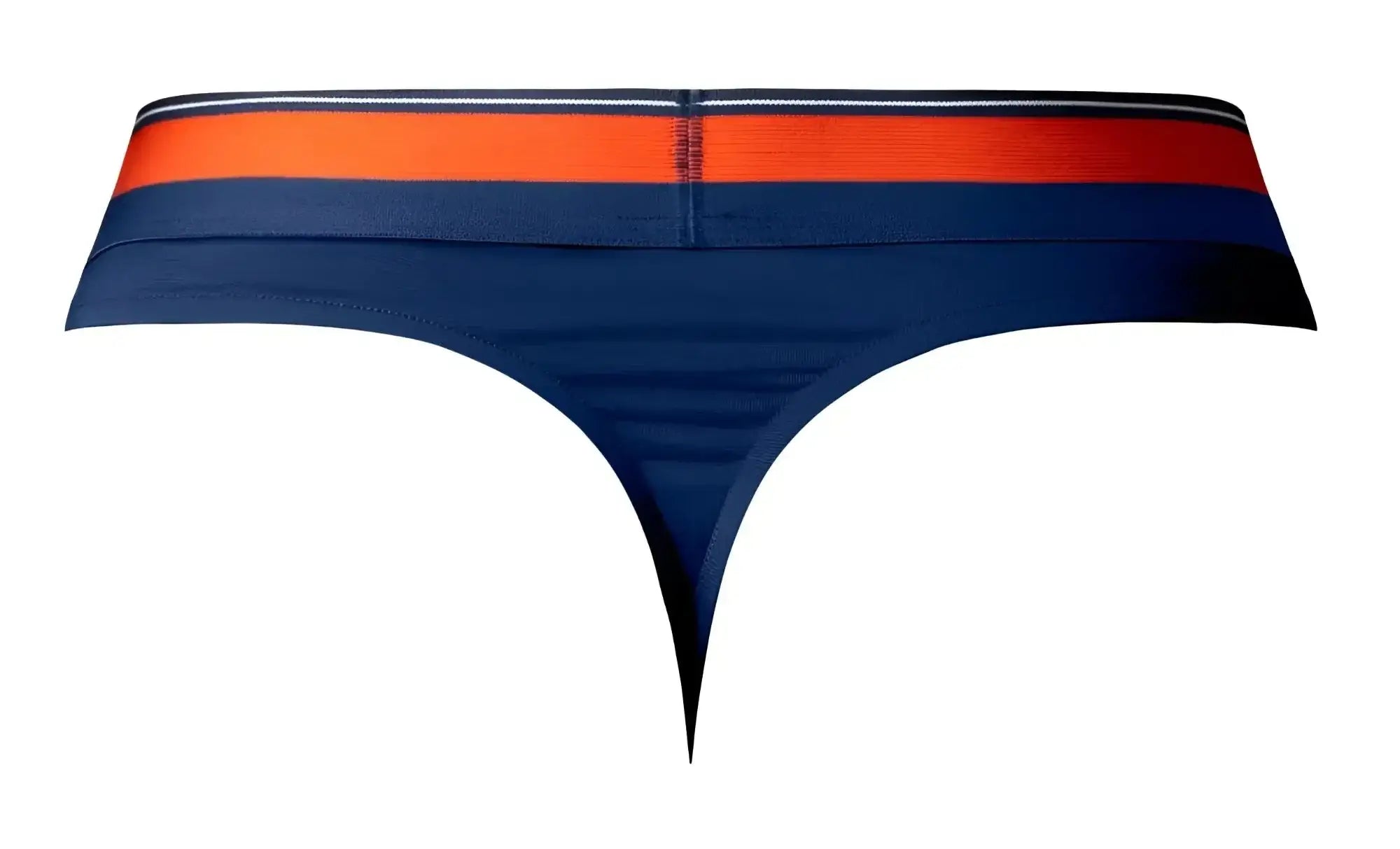 Navy blue male power soo cumfy thong with bold orange and white striped waistband showing front side