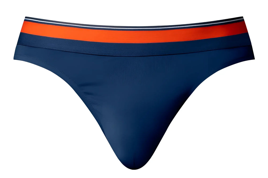 Navy blue male power 412-299 soo cumfy thong with bold orange and navy striped waistband front view