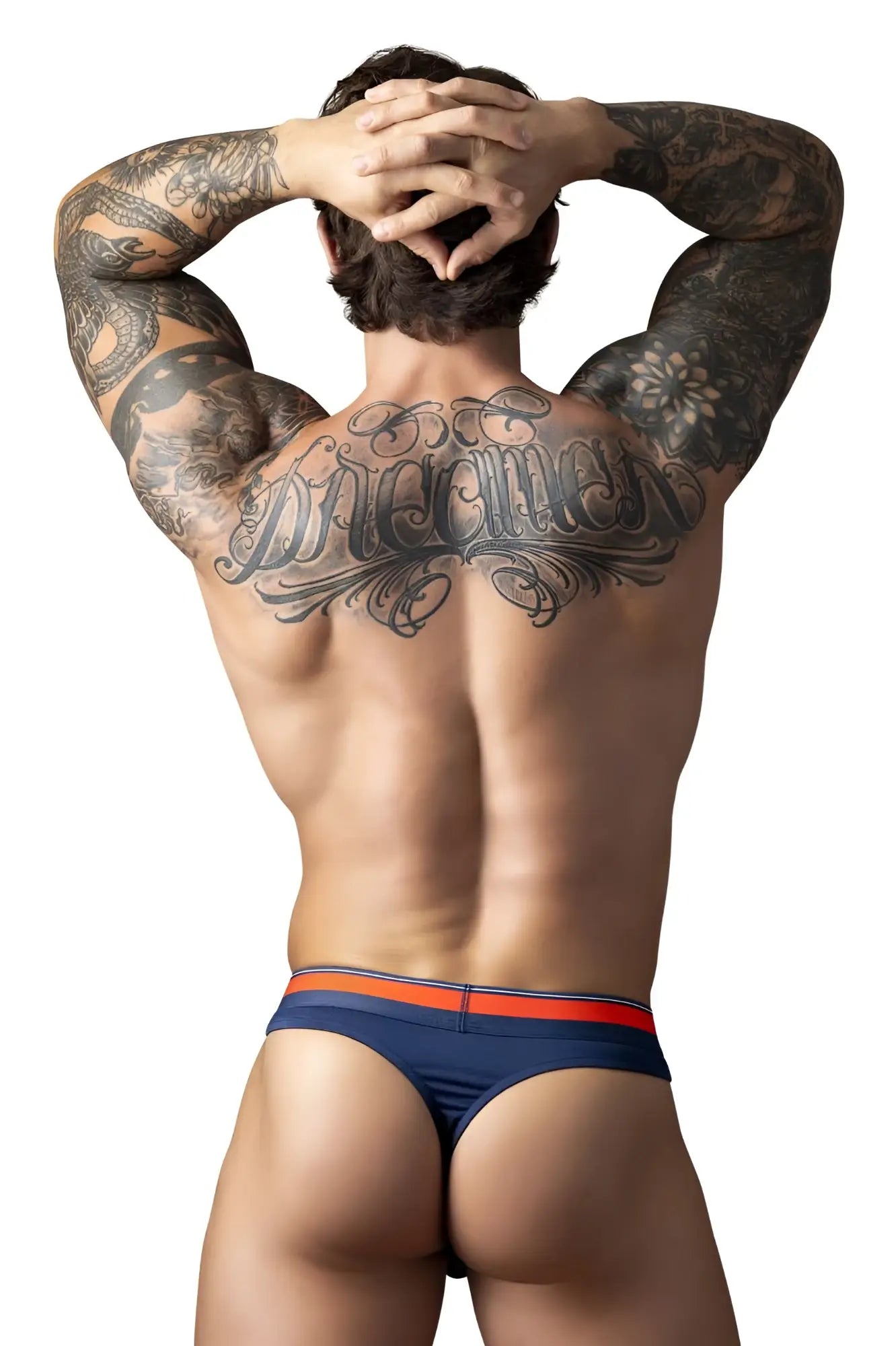 Navy blue male power soo cumfy thong with red and white striped waistband showing front side