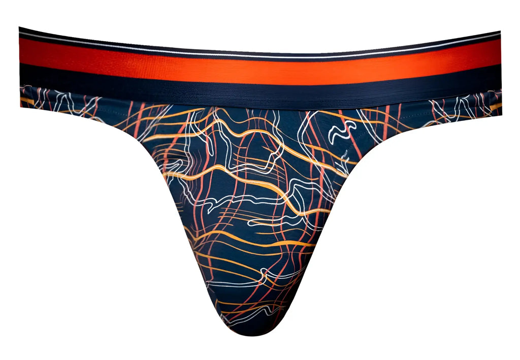 Male Power 412-299 Soo Cumfy navy thong with vibrant orange yellow abstract lines and bold red waistband with black border