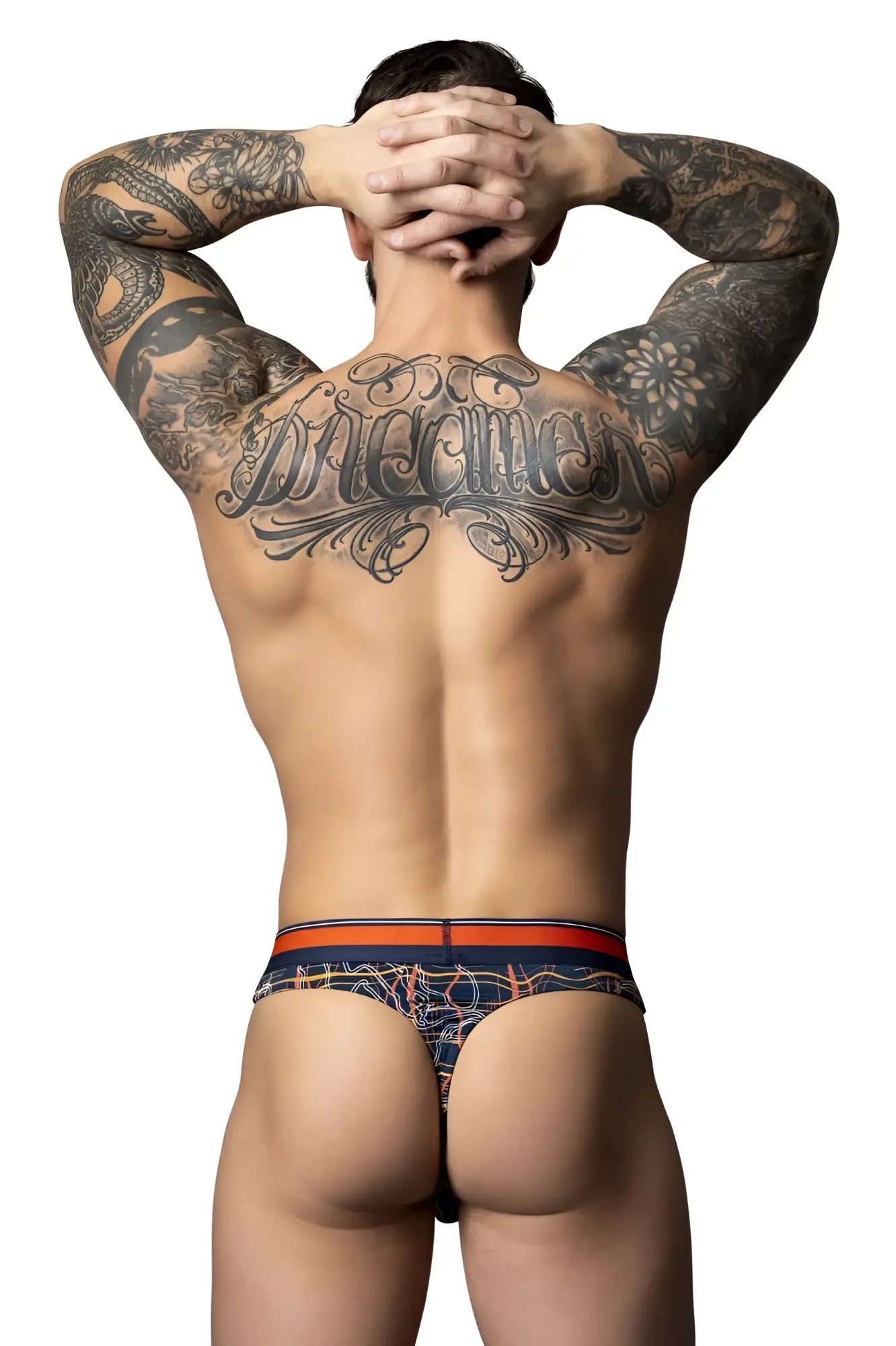 Male power 412-299 soo cumfy thongs in men’s navy blue and orange briefs with intricate patterned design