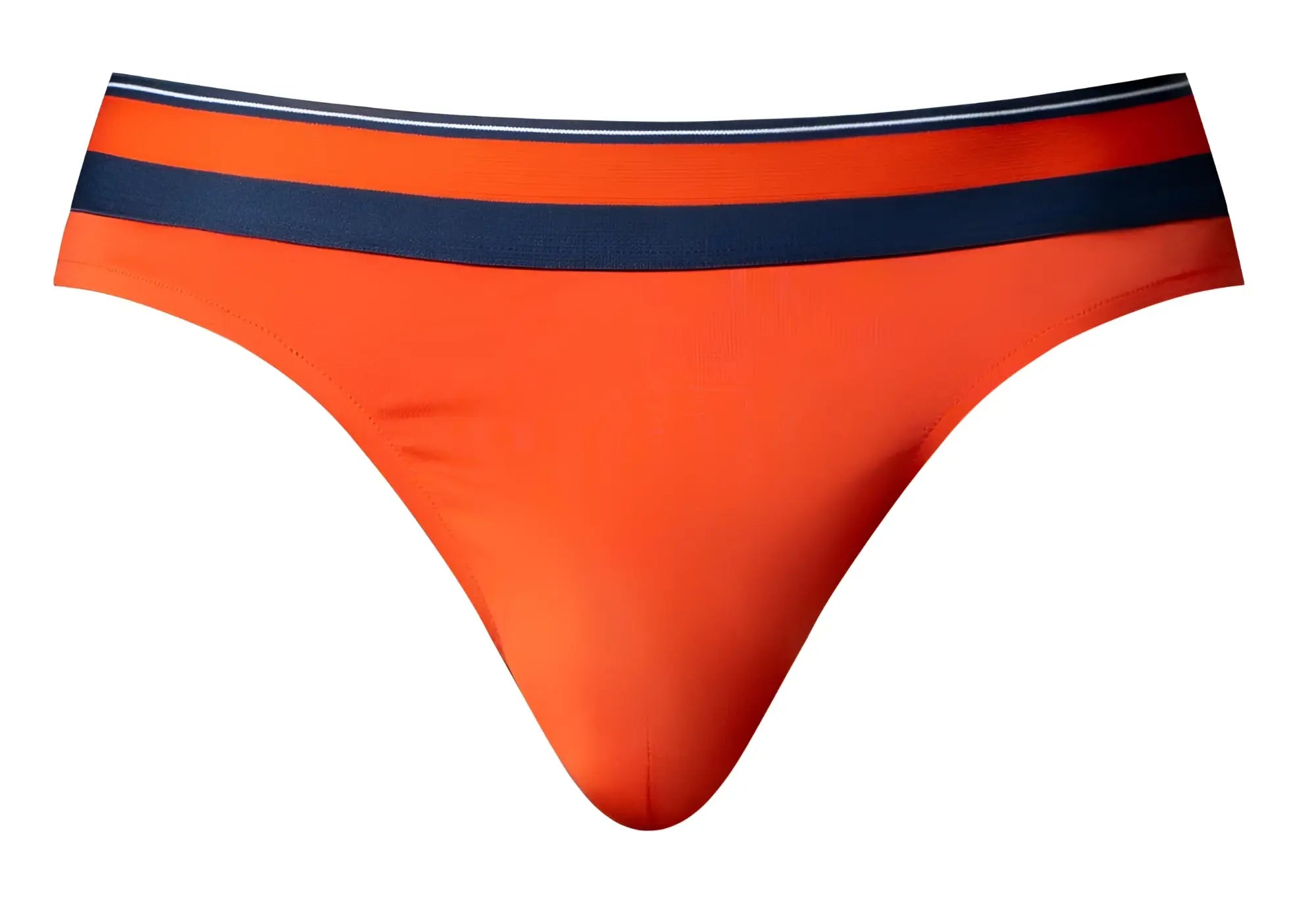 Male power 412-299 soo cumfy thongs in bright orange with a navy blue waistband and thin white stripes