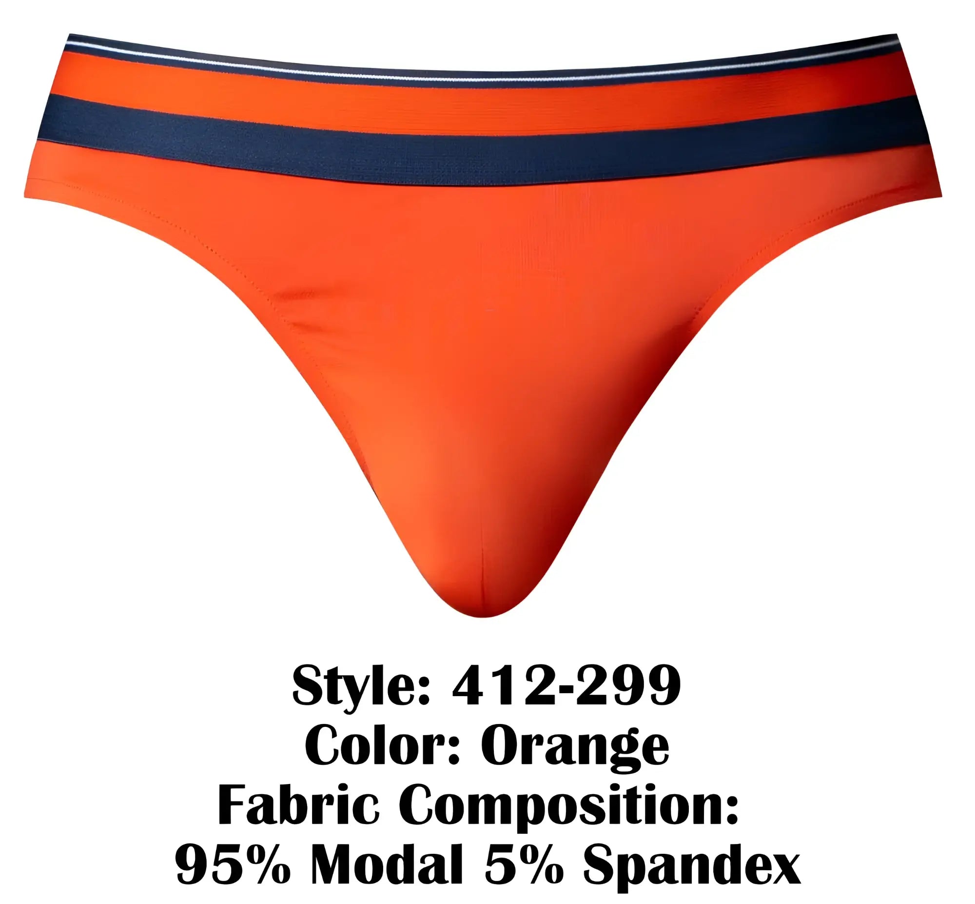 Male power 412-299 soo cumfy thongs bright orange thong with navy blue white striped waistband made of modal spandex