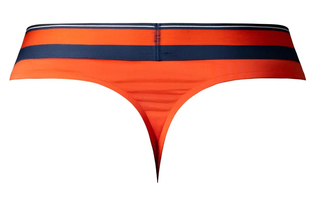 Male power 412-299 soo cumfy thong in orange with navy blue and white striped waistband shown from the front