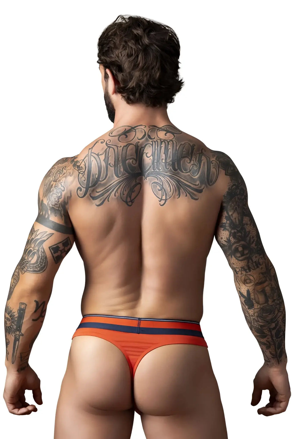 Male power 412-299 soo cumfy thongs orange men’s briefs with orange and navy blue stripes and snug fit