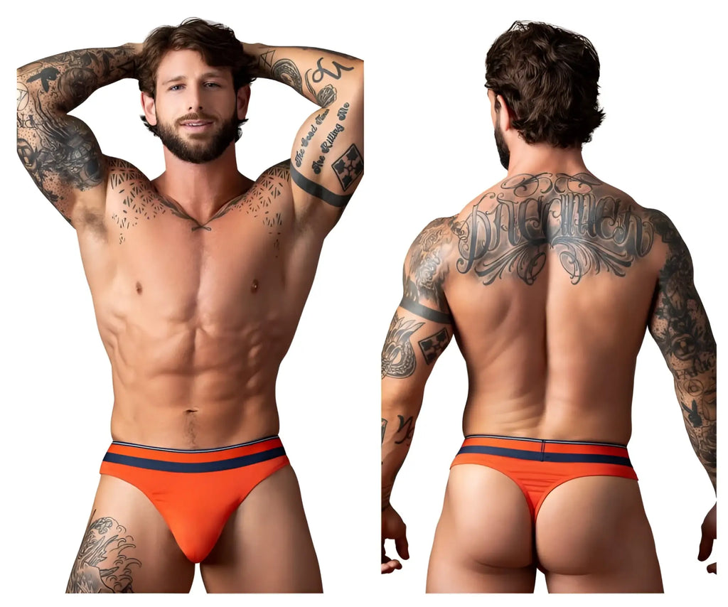 Male power 412-299 soo cumfy thongs in orange with navy blue stripes offer comfortable stylish briefs design