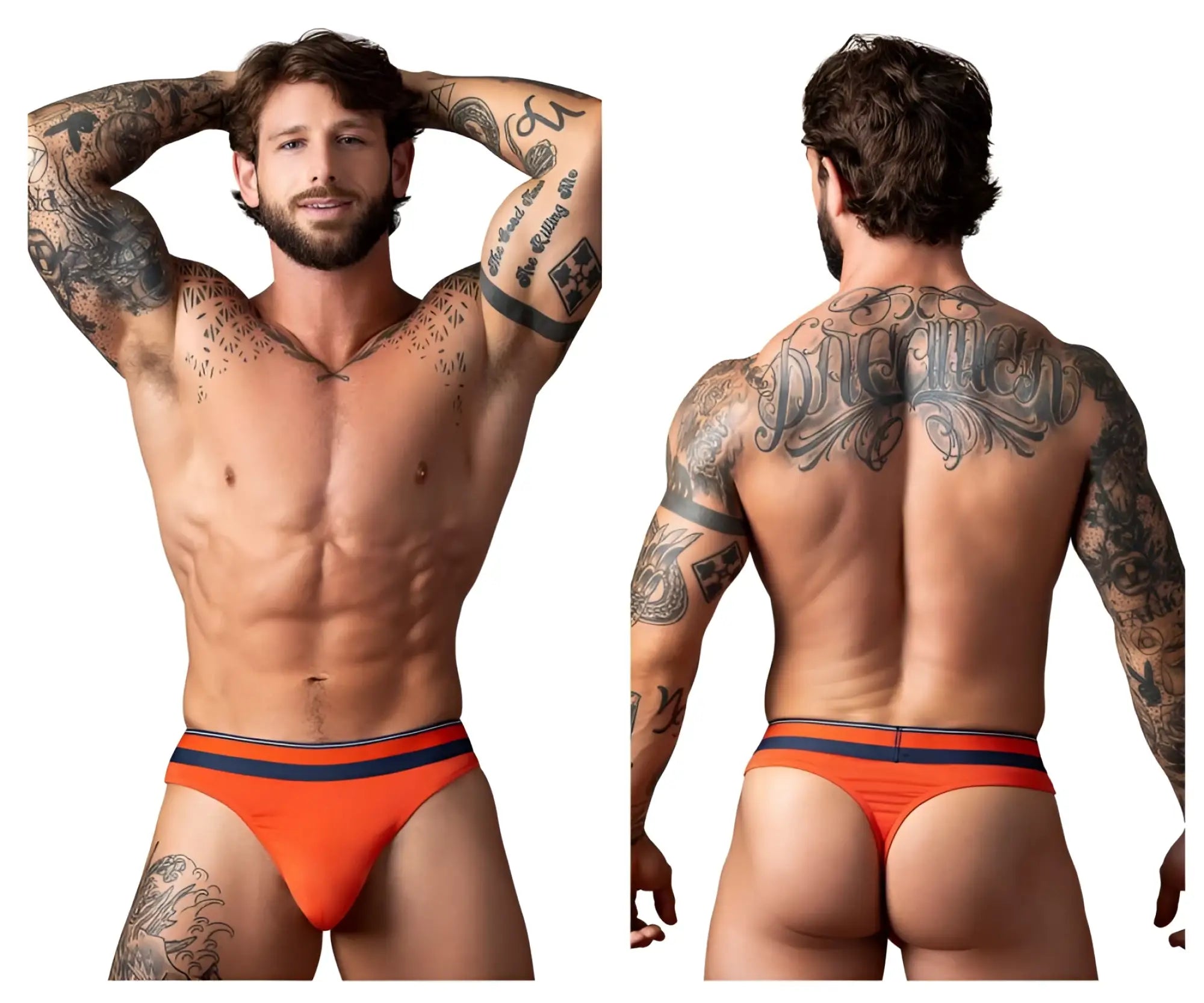 Male power 412-299 soo cumfy thongs in orange with navy blue stripes offer comfortable stylish briefs design