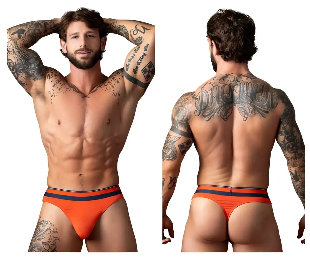 Male power 412-299 soo cumfy thongs in orange with navy blue stripes offer comfortable stylish briefs design