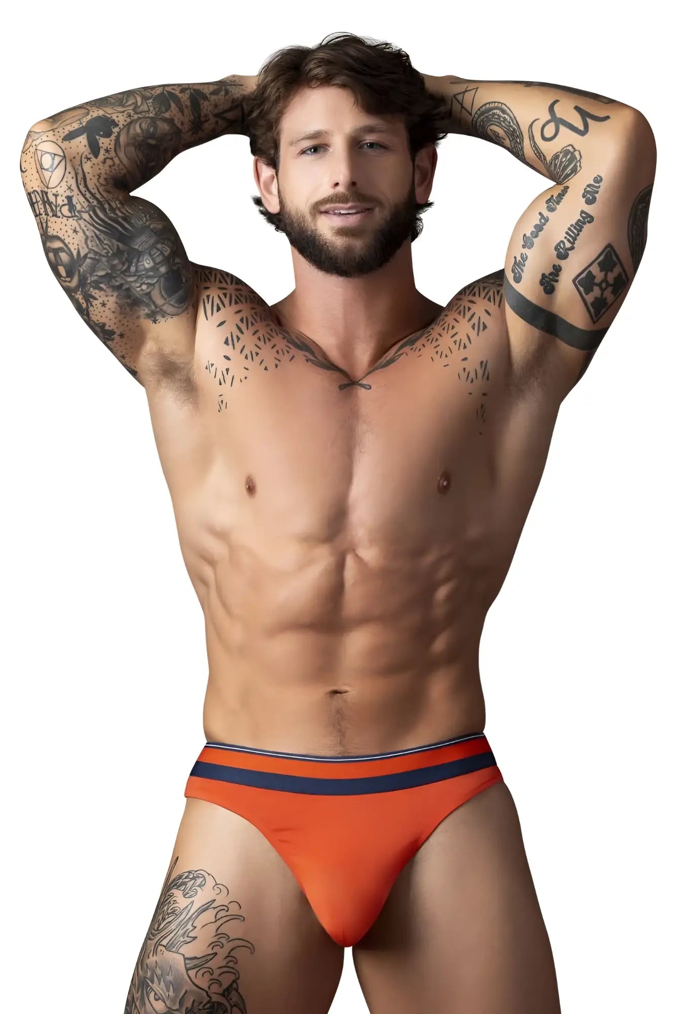 Male power 412-299 soo cumfy thongs orange briefs with navy blue striped waistband for comfortable wear