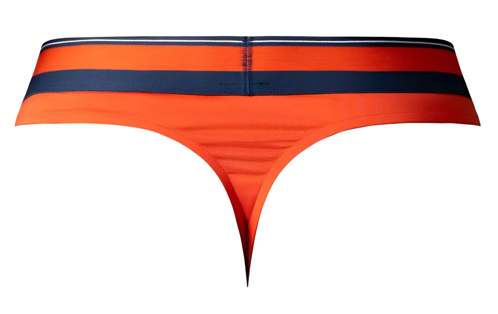Male power 412-299 soo cumfy thong in orange with navy blue and white striped waistband shown from the front