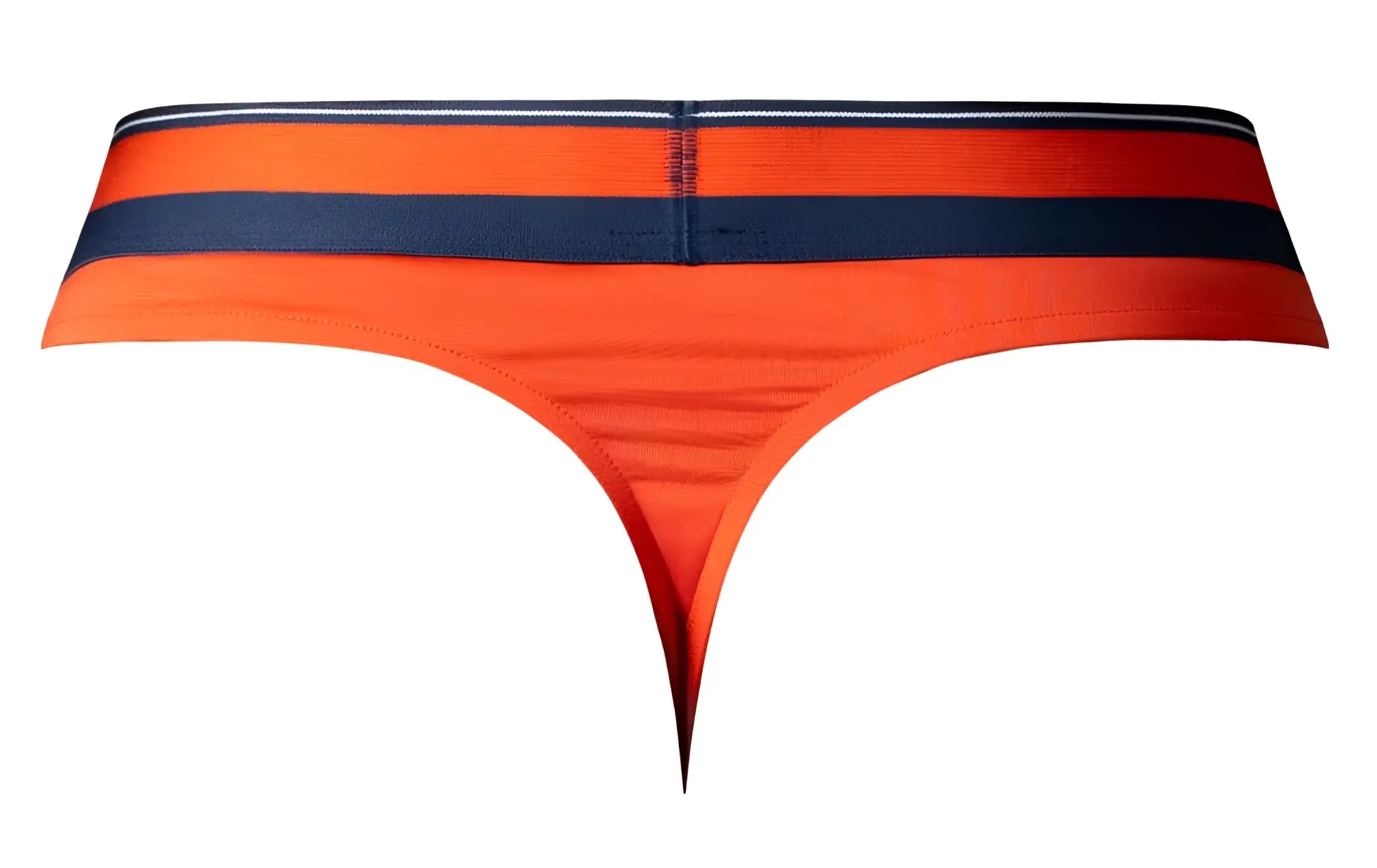 Male power 412-299 soo cumfy thong in orange with navy blue and white striped waistband shown from the front
