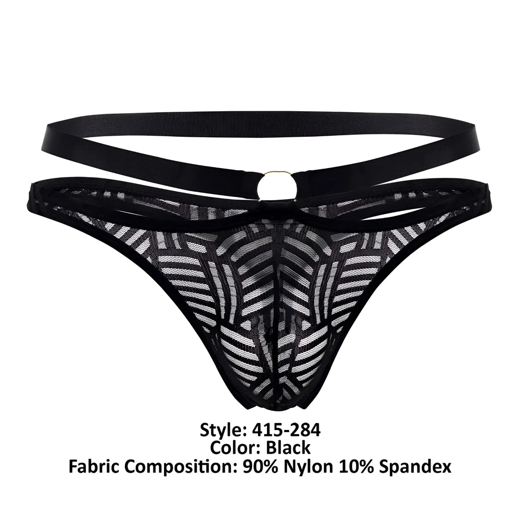 Black lace thong with geometric pattern and double-strap design from male power 415-284 rude awakening in black