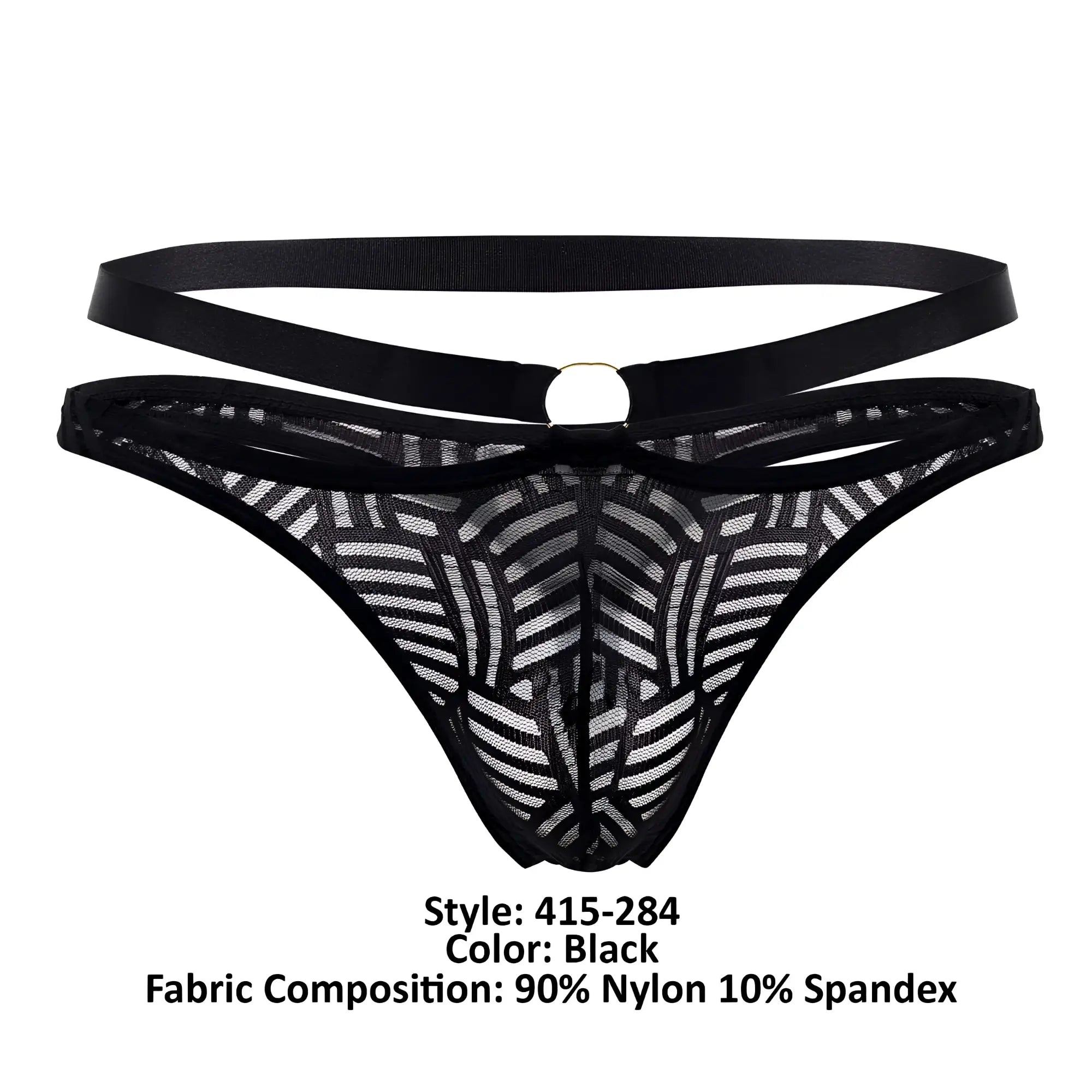 Black lace thong with geometric pattern and double-strap design from male power 415-284 rude awakening in black