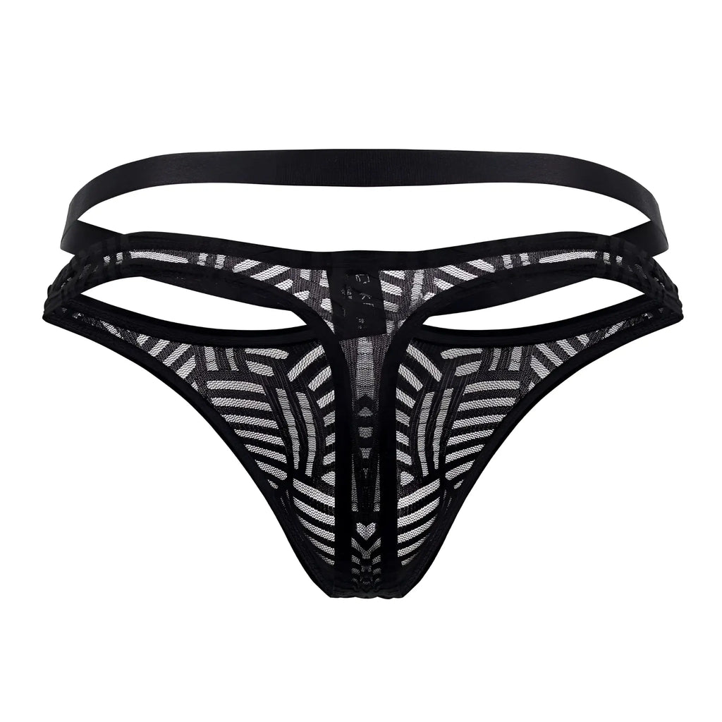 Male power 415-284 rude awakening black lace thong with geometric pattern and multiple elastic straps visible from back