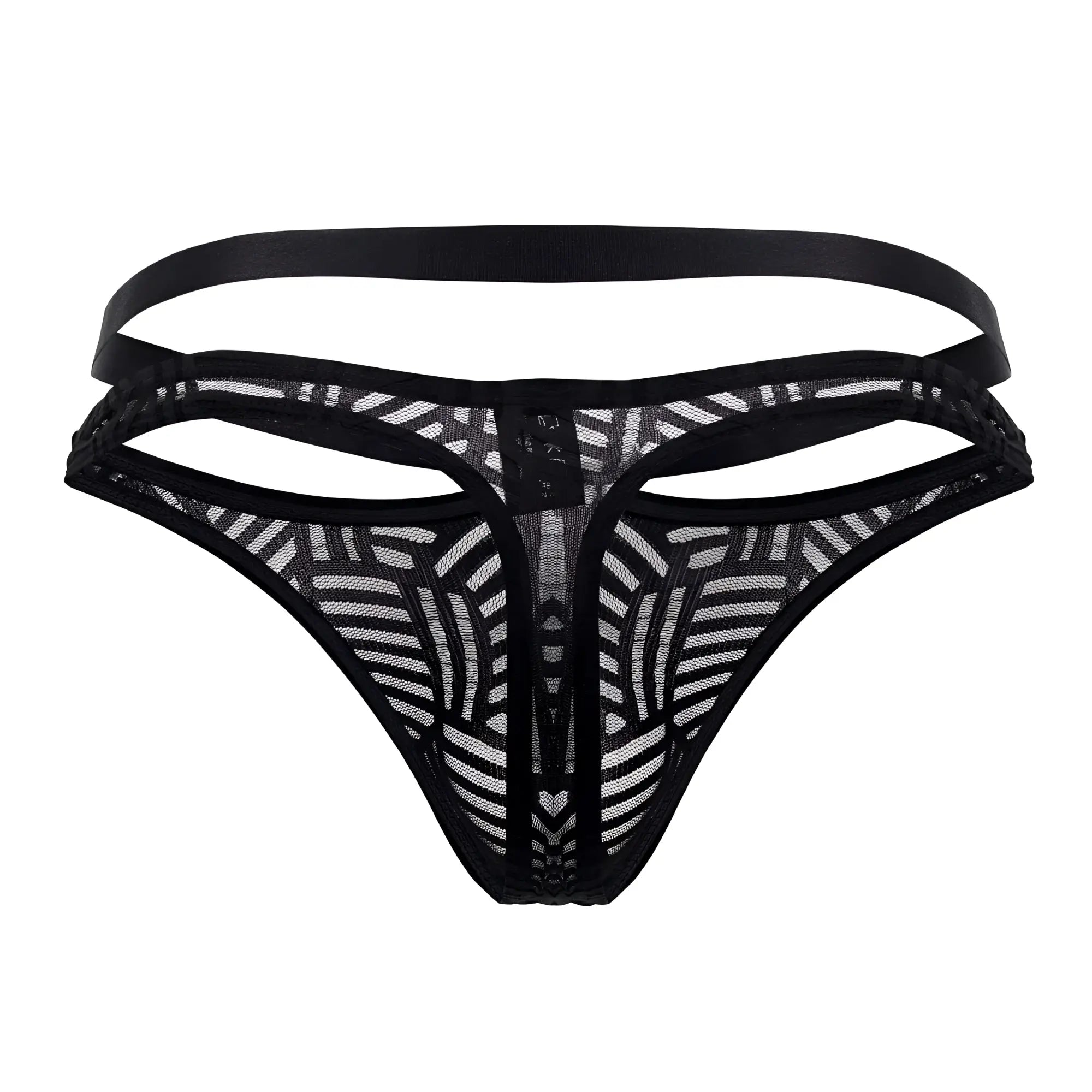 Male power 415-284 rude awakening black lace thong with geometric pattern and multiple elastic straps visible from back