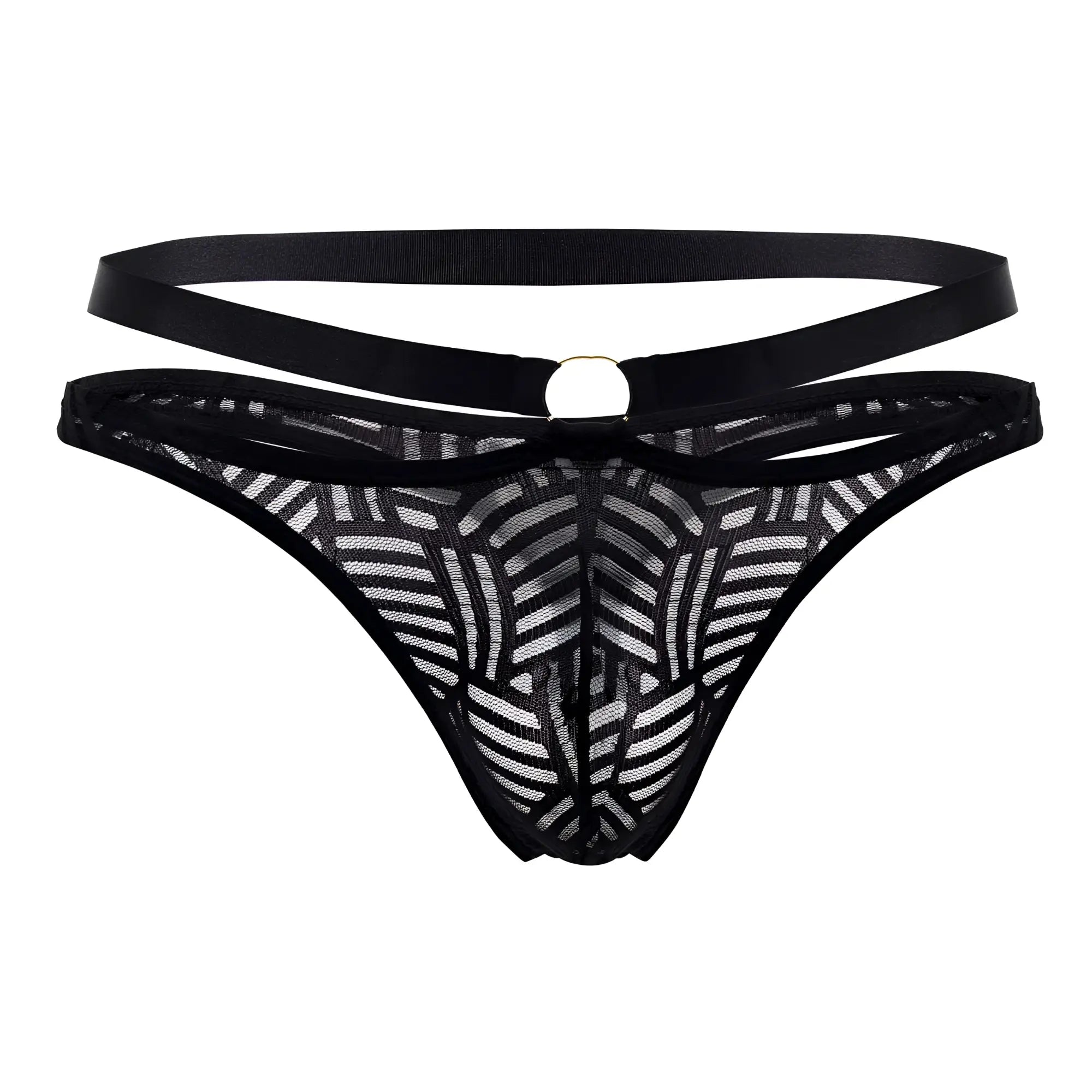 Black lace thong with a geometric pattern and satin waistband from male power 415-284 rude awakening strap thong in black
