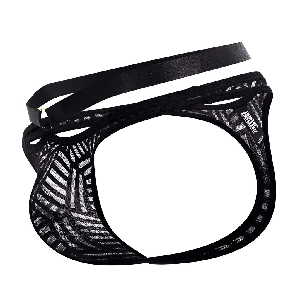 Male power 415-284 rude awakening strap thong in black mesh briefs with sleek satin-like waistband shown from the back