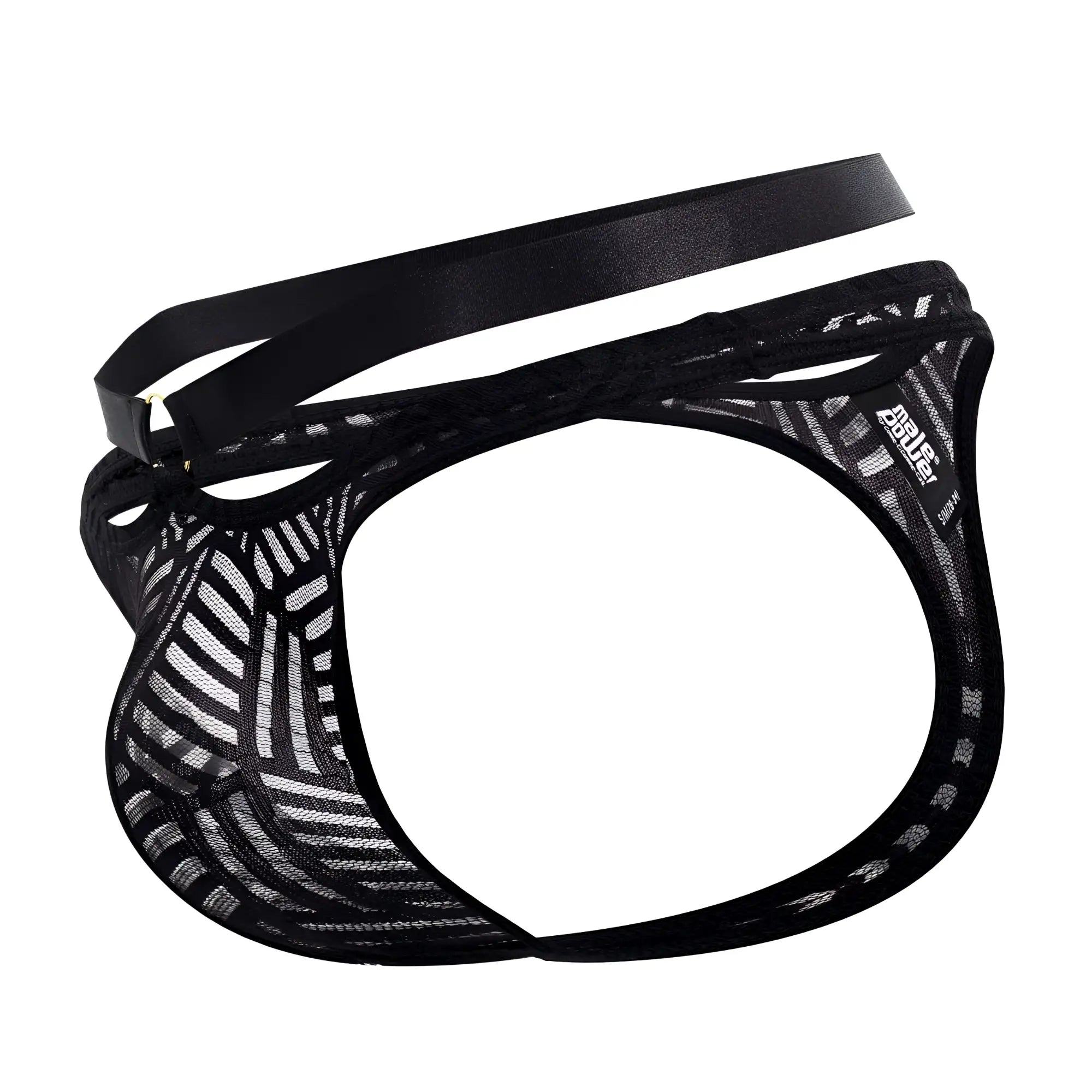 Male power 415-284 rude awakening strap thong in black mesh briefs with sleek satin-like waistband shown from the back