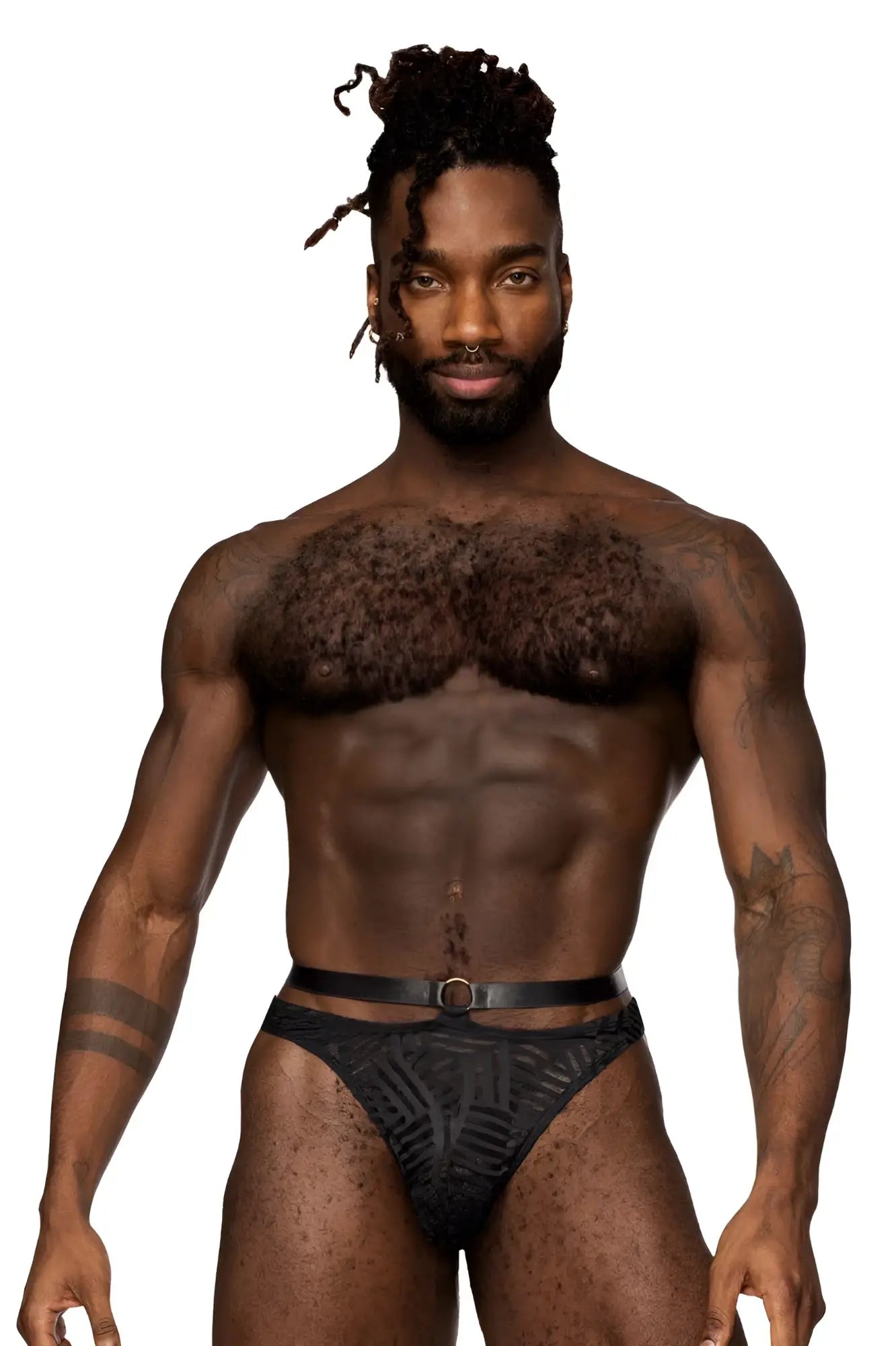 Male power 415-284 rude awakening black patterned briefs with black belt and silver buckle front view