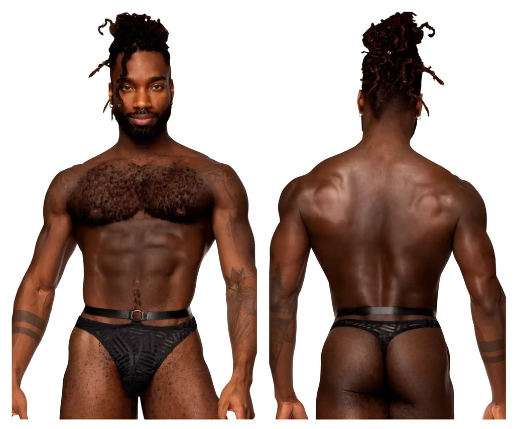 Black patterned briefs with textured geometric design and matching belt in male power 415-284 rude awakening strap thong
