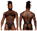 Black patterned briefs with textured geometric design and matching belt in male power 415-284 rude awakening strap thong