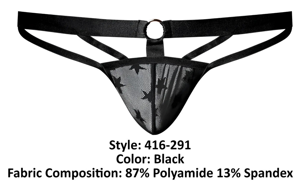 Male power 416-291 love star thong in black mesh with star pattern and adjustable straps for men
