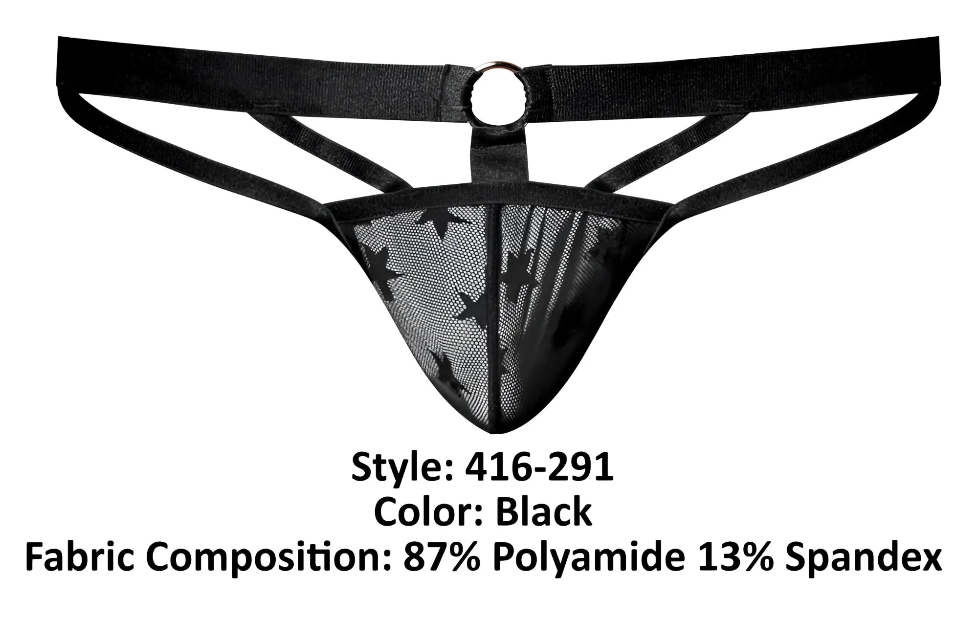 Male power 416-291 love star thong in black mesh with star pattern and adjustable straps for men