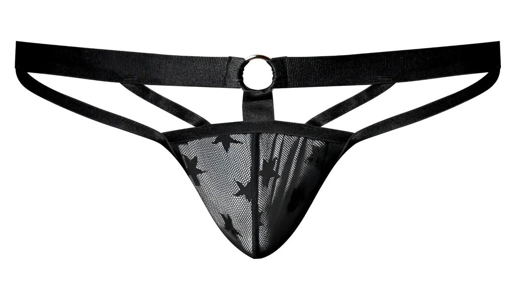 Black male power love star thong made of mesh with star pattern and central metal ring